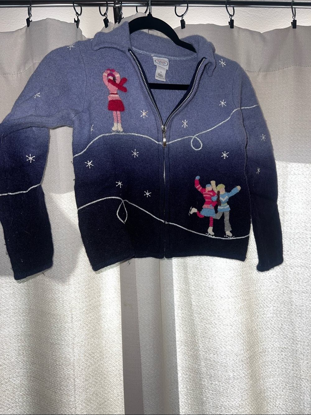 Talbots Girls Blue Ombre Zip Hoodie with Ice Skaters 100 Wool